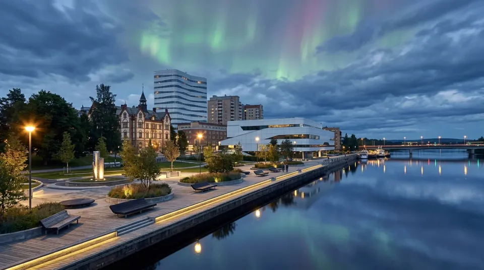 Umeå Städ – lokal städfirma i Umeå Umeå city skyline över Umeälven som symboliserar lokal städfirma och städning i Umeå