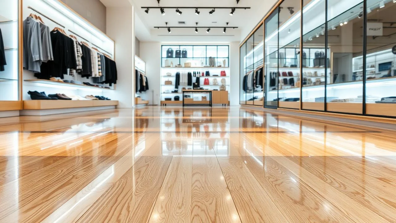 Glansigt polerat trägolv i modern butiksinredning med reflektioner