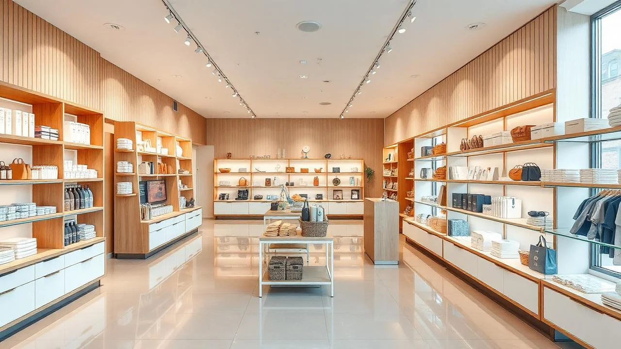 Ren välkomnande butiksinredning i scandinavisk stil med polerade golv