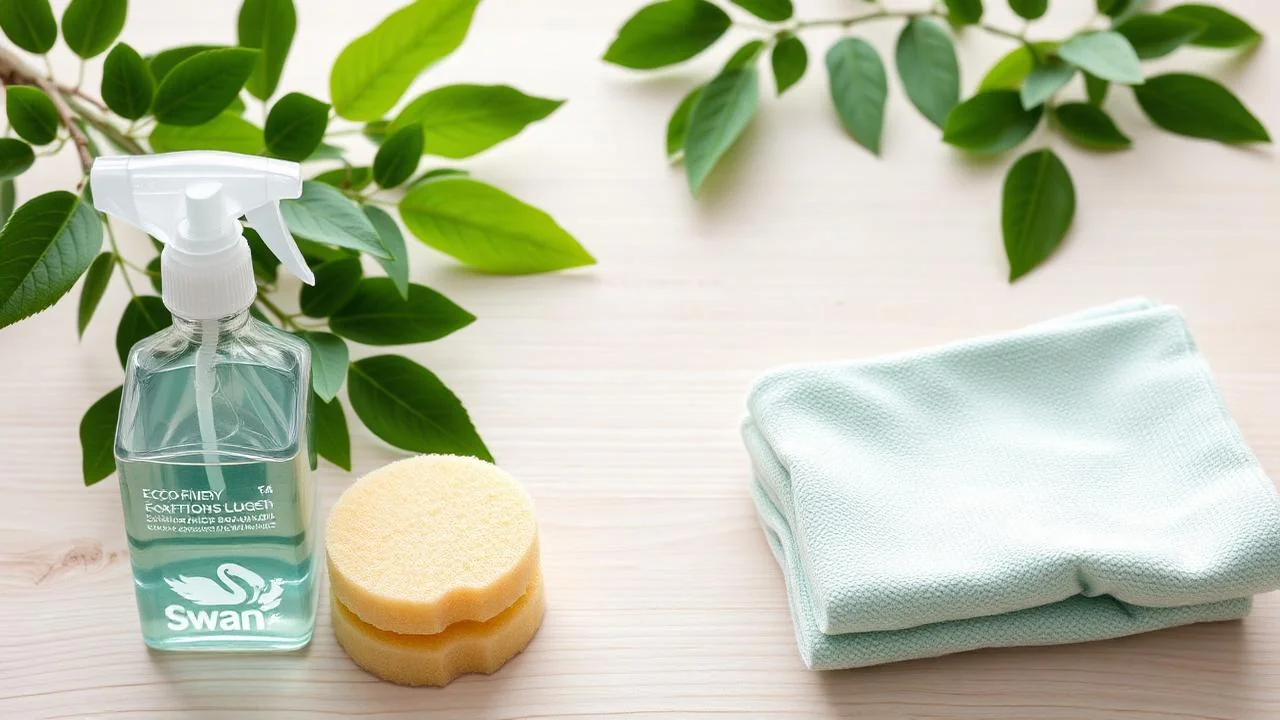Glasflaska med ekologisk rengöringsspray, gröna blad och microfibertrasa