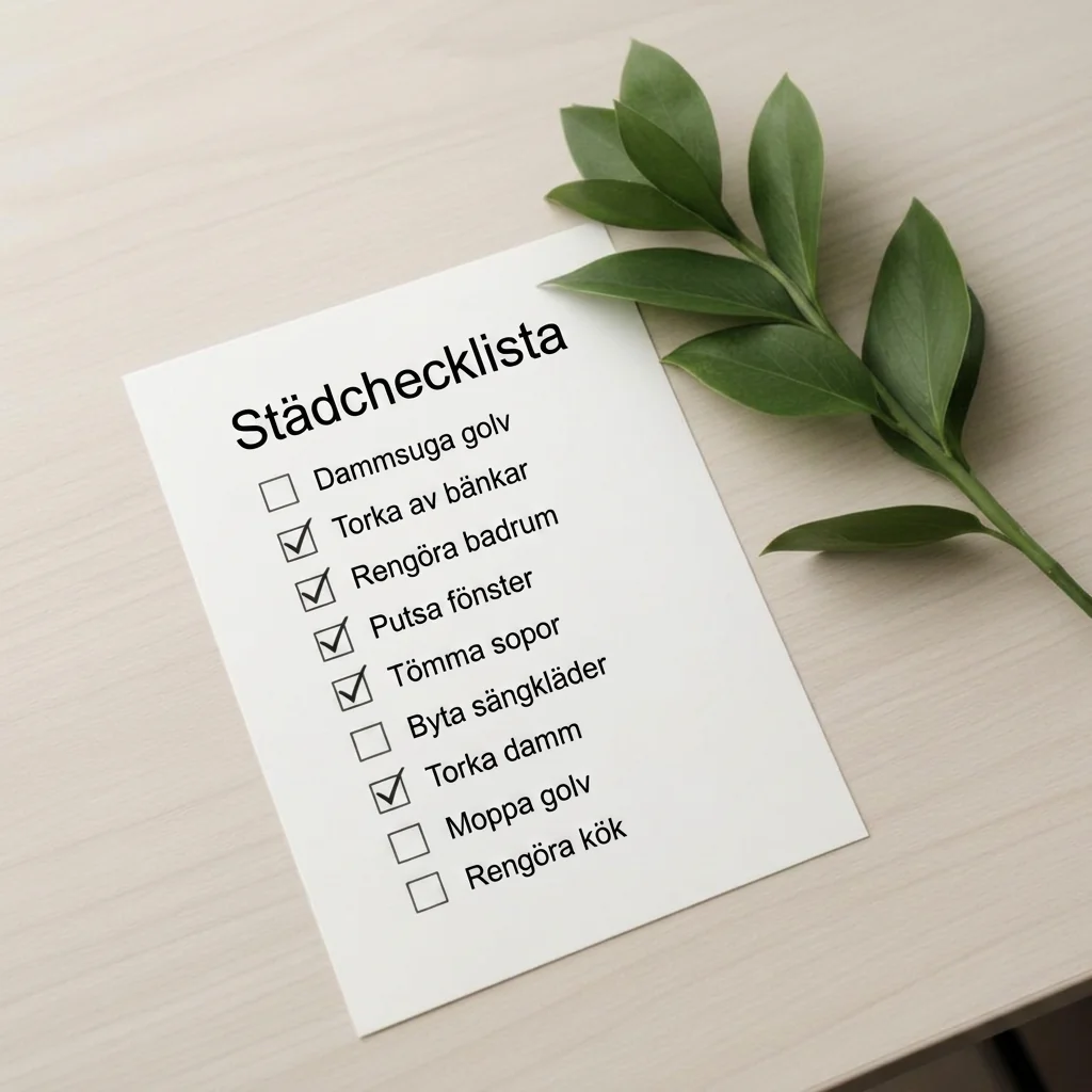 Veckokalender med städmoment och naturlig rengöringsspray i scandinaviskt kök