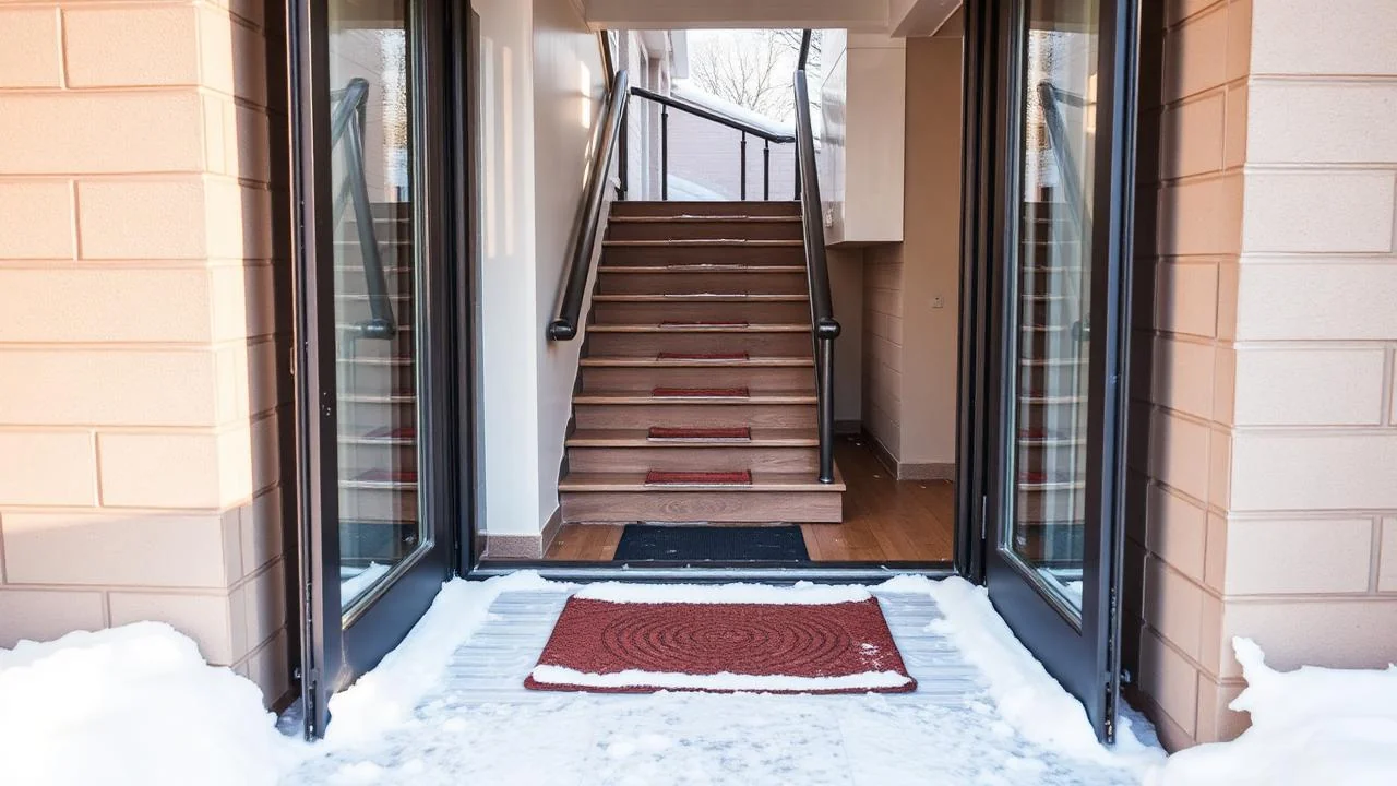 Entré till svensk bostadsfastighet med snö och dörrmatta i vintersol