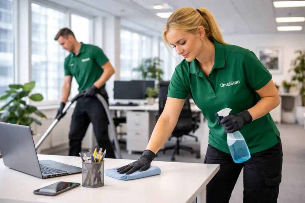 Kontorsstädning i Umeå där personal från Umeå Städ rengör skrivbord och kontorsmiljö