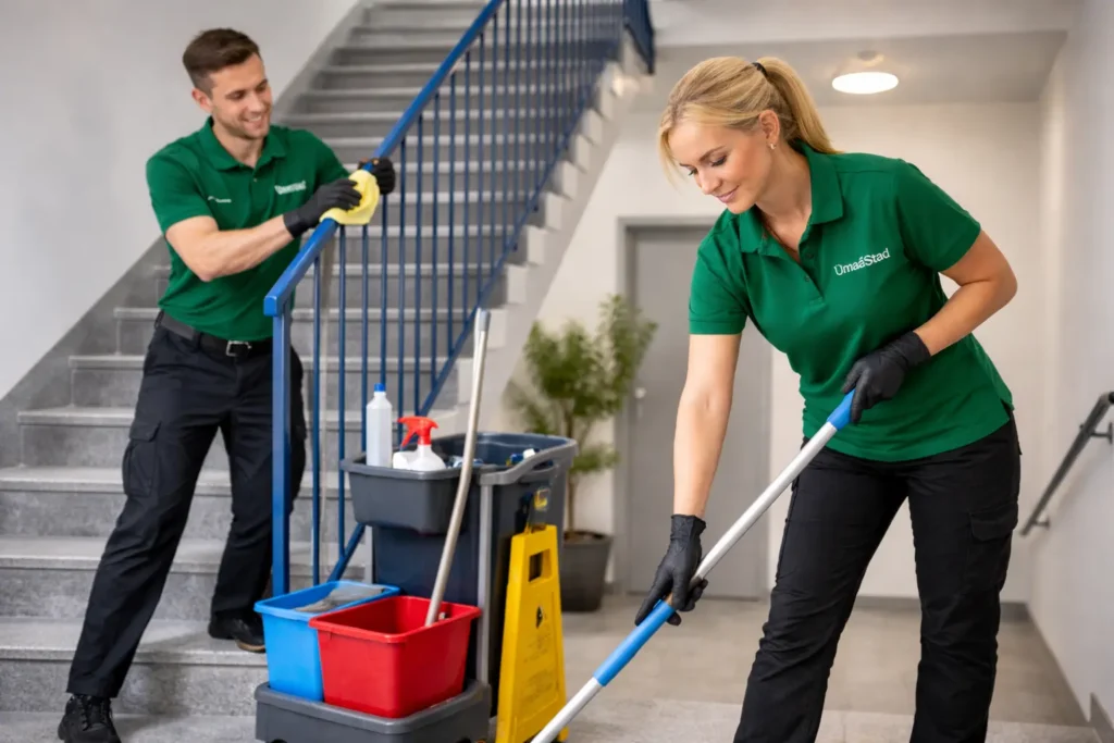 Trappstädning i Umeå där personal från Umeå Städ rengör trapphus och entré i en fastighet
