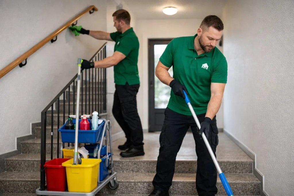 Personal från Umeå Städ utför trappstädning i trapphus med fokus på rena golv, ledstänger och entréer
