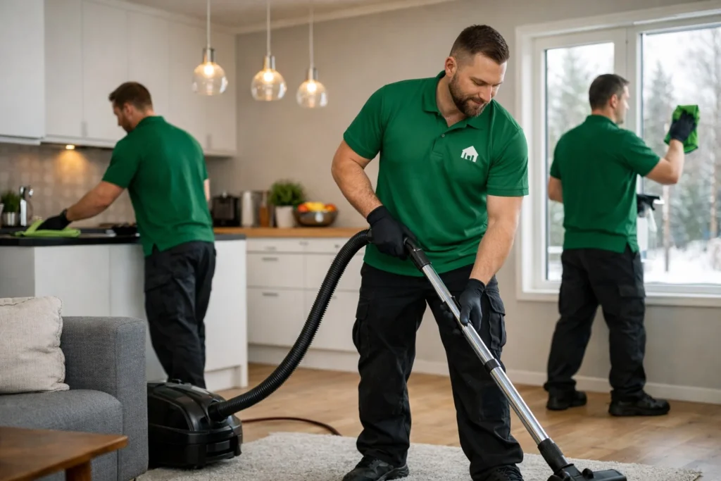 Två manliga städare i gröna Umeastad-uniformer utför löpande hemstädning i ett modernt hem, med dammsugning, köksrengöring och fönsterputs.