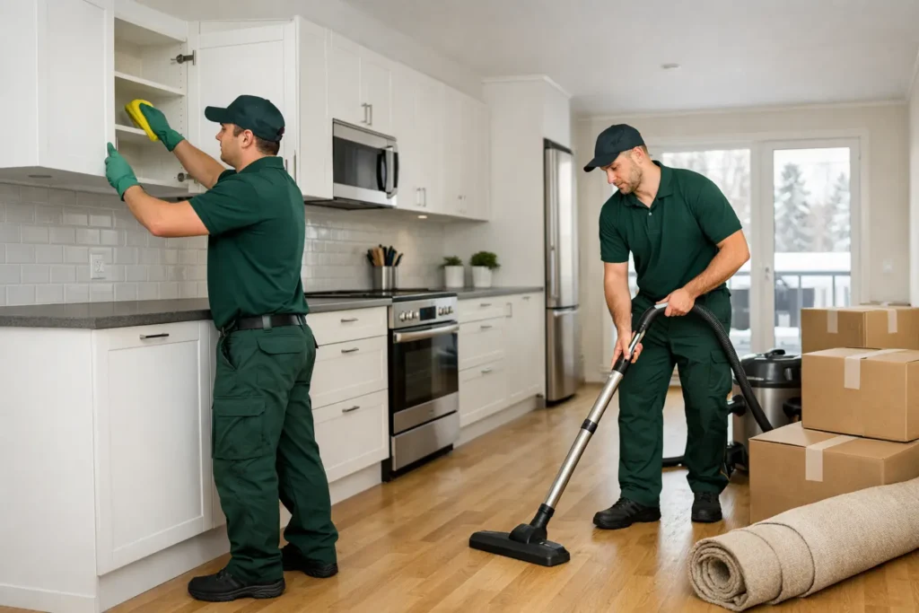 Professionella städare utför flyttstädning i ett modernt kök i Umeå