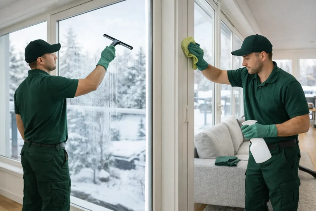 Fönsterputsning i modernt hem i Umeå med stora glaspartier